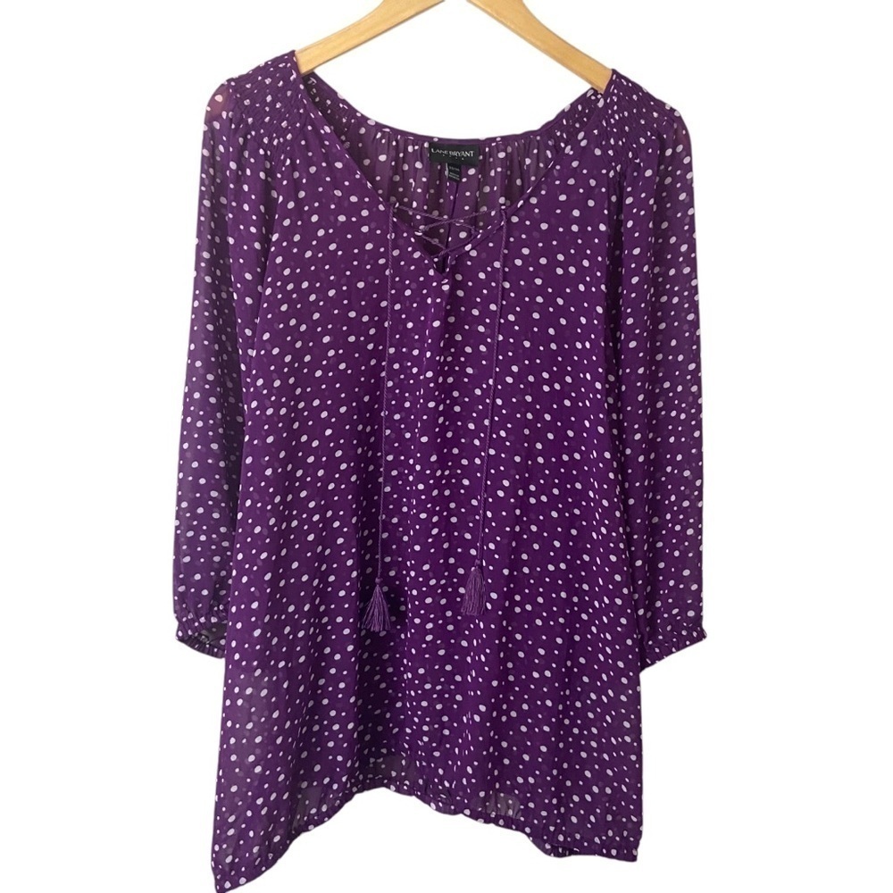 Lane Bryant Purple Polka Dots Blouse Sheer Lace Up Peasant Feminine Plus 22/24